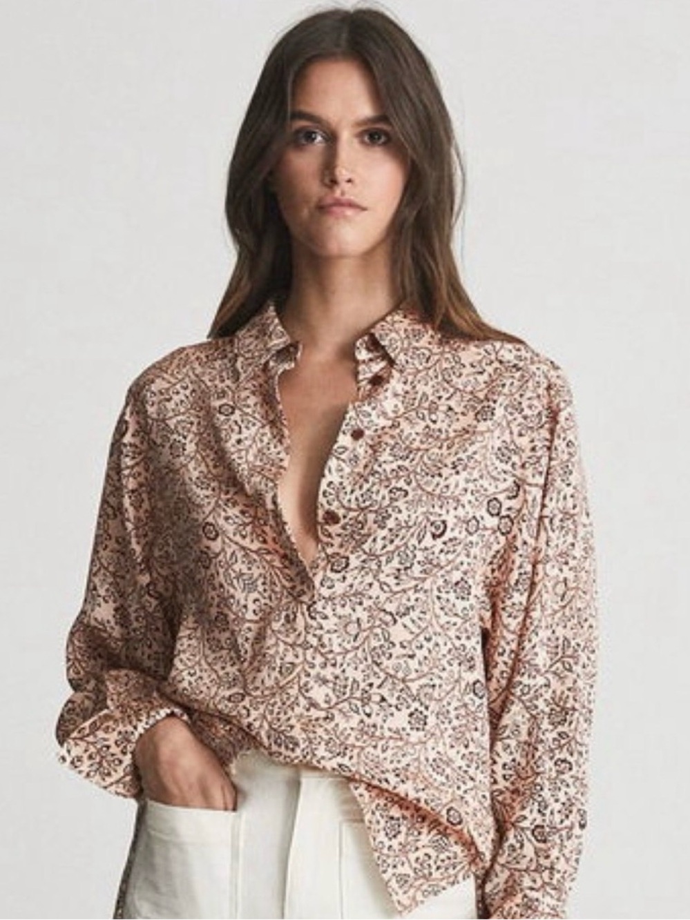 Reiss Peach Paisley Ruffle-Neck Blouse - Picture 3 of 8